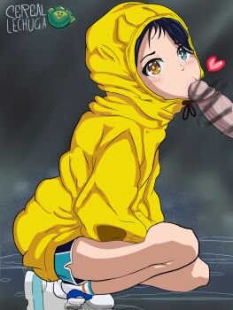 1girl artist_name bar_censor blue_eyes blue_hair blush censored cerealxs dolphin_shorts from_side heart heterochromia highres hood hood_up hoodie loli long_sleeves ooto_ai oral penis short_hair shorts squatting sweater thighs white_footwear wonder_egg_priority yellow_eyes yellow_hoodie yellow_sweater