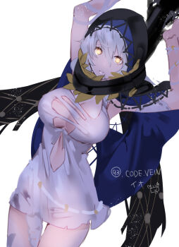 1girl armpits arms_up black_cape blue_cape breasts brown_eyes cape cleavage code_vein copyright_name dress glowing glowing_eyes hair_between_eyes highres hood hood_up hooded_cape io_(code_vein) large_breasts looking_at_viewer parted_lips short_dress silver_hair simple_background solo white_background white_dress yuuki_kira