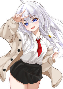 1girl absurdres ahoge black_skirt blue_eyes blush breasts collared_shirt commentary_request elaina_(majo_no_tabitabi) grey_hair gurin_(cakx8782) hair_between_eyes highres long_hair long_sleeves looking_at_viewer majo_no_tabitabi necktie open_clothes open_mouth red_necktie shirt simple_background skirt small_breasts smile solo v white_background white_shirt