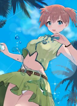 1girl absurdres aqua_eyes asymmetrical_hair belt blush breasts cowboy_shot dress green_eyes gym_leader hair_between_eyes highres holding holding_poke_ball medium_breasts miniskirt misty_(pokemon) nintendo orange_hair palm_tree palms panties poke_ball pokemon pokemon_(anime) pokemon_rse_(anime) ponytail revision short_hair side_ponytail skirt solo tree underwear water white_panties