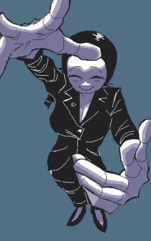 absurdres black_jacket blazer blush breasts cleavage closed_eyes closed_mouth dynamic_pose highres imscared incredibly_absurdres jacket large_breasts looking_at_viewer non-web_source partially_colored restorer_(imscared) smile tobby_(artist)