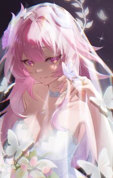 1girl alternate_costume bouquet breasts bridal_veil bug butterfly butterfly_on_hand chromatic_aberration cleavage closed_mouth commentary cyrene_(demiurge)_(honkai:_star_rail) cyrene_(honkai:_star_rail) diamond-shaped_pupils diamond_(shape) dress fingernails flower hair_intakes hand_up highres honkai:_star_rail honkai_(series) insect jewelry kama_(kama_ovo) looking_at_viewer medium_breasts nail_polish pink_hair pink_nails purple_eyes ring smile solo symbol-shaped_pupils veil white_dress white_veil