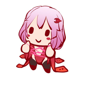 1girl big_head black_thighhighs blush blush_stickers cat&#039;s_cradle center_opening chibi chibi_only commentary_request elbow_gloves full_body gloves greek_commentary guilty_crown hair_ornament hairclip holding holding_string leotard long_hair looking_at_viewer mixed-language_commentary pink_hair red_eyes red_leotard simple_background smile solo string thighhighs twintails virdis white_background yuzuriha_inori