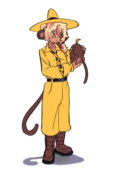 1girl animal animal_ears axel_(koko_d._nuts) belt black_belt blonde_hair boots brown_boots closed_mouth collared_shirt commentary cosplay curious_george dark-skinned_female dark_skin english_commentary full_body hair_over_shoulder hat highres holding holding_animal indie_virtual_youtuber koko_d._nuts long_hair long_sleeves monkey monkey_ears monkey_girl monkey_tail multicolored_hair necktie pants pink_hair ponytail shirt simple_background standing suunitar6 tail the_man_with_the_yellow_hat_(curious_george) the_man_with_the_yellow_hat_(curious_george)_(cosplay) two-tone_hair virtual_youtuber white_background wide_brim yellow_eyes yellow_hat yellow_necktie yellow_pants yellow_shirt