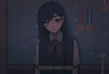 1boy antenna_hair arms_at_sides bags_under_eyes black_eyes black_sweater_vest bskrf_vc collared_shirt commentary_request cosplay empty_eyes english_text hair_behind_ear hair_between_eyes head_tilt heterochromia indoors long_hair looking_at_viewer male_focus mari_(headspace)_(omori) mari_(headspace)_(omori)_(cosplay) mari_(omori) medal neckerchief omori open_mouth red_neckerchief shirt solo straight_hair subtitled sunny_(omori) sweater_vest trap upper_body upturned_eyes white_eyes white_shirt