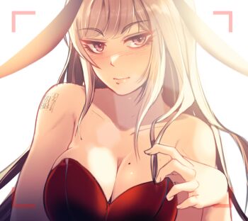Rule 34 | animal ears, blush, commentary, english commentary, goddess of victory: nikke, long hair, looking at viewer, mole, non-web source, playboy bunny, rabbit, rabbit ears, rapi (nikke), signature, solo focus