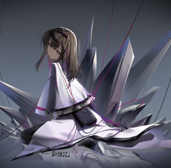 1girl absurdres arknights artist_name black_thighhighs brown_eyes brown_hair commentary english_commentary grey_background hair_between_eyes highres hxbdzj long_hair priestess_(arknights) solo thighhighs