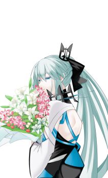 1girl aqua_hair back black_bow blue_eyes bouquet bow braid collar commentary_request fate/grand_order fate_(series) flower from_side hair_between_eyes hair_bow highres holding holding_bouquet holding_flower long_hair long_sleeves looking_at_object mabotofu_maki morgan_le_fay_(fate) morgan_le_fay_(third_ascension)_(fate) ponytail sidelocks smile solo spiked_collar spikes upper_body wide_sleeves