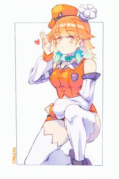 1girl absurdres blush breasts chaleko earrings feather_earrings feathers gradient_hair hat heart highres hololive hololive_english jewelry long_hair multicolored_hair on_one_knee orange_hair purple_eyes smile solo takanashi_kiara virtual_youtuber