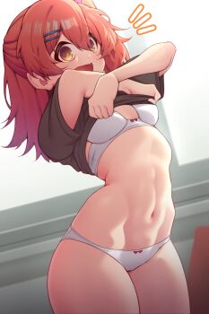 1girl :d adachi_t_(xadachit) bow bow_bra bow_panties bra breasts cameltoe cheeta_(girls'_frontline_2) clothes_lift embarrassed from_below girls'_frontline girls'_frontline_2:_exilium hair_ornament hairclip hands_up highres indoors lifting_own_clothes long_hair looking_at_viewer mp7_(girls'_frontline) navel no_pants open_mouth orange_eyes panties red_bra_bow red_hair red_panty_bow shirt_lift small_breasts smile solo stomach surprised thighs underwear undressing white_bow_bra white_bow_panties white_bra white_panties wide-eyed yellow_eyes