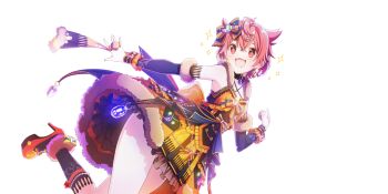+_+ 1girl :d bare_legs black_socks bow detached_sleeves double-parted_bangs dress earrings fang fur-trimmed_skirt fur_trim game_cg gem hair_flaps hair_ornament hairclip hand_up high_heels highres jewelry kneehighs lapis_re:lights messy_hair official_art open_mouth orange_bow orange_dress orange_hair orange_shoes orange_skirt outstretched_arm platform_heels purple_gemstone purple_sleeves red_eyes salsa_(lapis_re:lights) shoes short_hair simple_background skin_fang skirt smile socks solo sparkle standing standing_on_one_leg striped_bow thighs third-party_source transparent_background