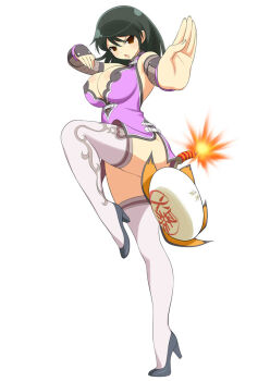 1girl black_hair black_shoes blush body_blush breasts bun_(food) china_dress chinese_clothes cleavage crane_stance detached_sleeves dress dumpling fighting_stance firecrackers fishnet_sleeves fishnets food full_body fuse hair_between_eyes hair_down high_heels kung_fu large_breasts looking_at_viewer martial_arts meimei_(senran_kagura) non-web_source official_art open_mouth orange_eyes pelvic_curtain purple_dress senran_kagura senran_kagura_new_link senran_kagura_new_wave shoes simple_background solo sparks standing standing_on_one_leg steamed_bun thighhighs v-shaped_eyebrows white_background white_thighhighs yaegashi_nan