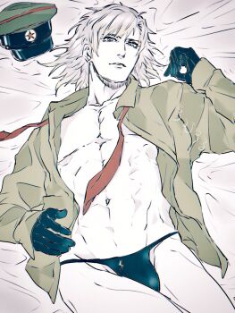 1boy abs an_chovy black_gloves black_panties blue_eyes collarbone collared_shirt commentary_request gloves green_hat green_shirt grey_hair hand_up hat hat_ornament highres ivan_raidenovitch_raikov long_sleeves looking_at_viewer lying male_focus metal_gear_(series) metal_gear_solid_3:_snake_eater military_hat military_uniform muscular muscular_male navel necktie on_back on_bed open_clothes open_shirt panties peaked_cap pectorals puffy_long_sleeves puffy_sleeves red_necktie shirt short_hair solo soviet_army star_(symbol) star_hat_ornament teeth underwear unworn_hat unworn_headwear