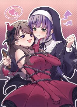 2girls alternate_costume ball_and_chain_(weapon) bare_shoulders black_dress black_ribbon black_veil blush breasts brown_hair chain clenched_teeth colored_speech_bubble commentary demon_girl demon_horns dress elbow_gloves fang fujishima_megumi gloves gradient_background green_eyes hair_intakes hand_on_another&#039;s_chin heart highres hiyori_(20hiyori727) holding holding_chain holding_weapon horns large_breasts lightning_bolt_symbol link!_like!_love_live! long_hair long_sleeves love_live! multiple_girls neck_ribbon nun otomune_kozue outline polka_dot polka_dot_background purple_eyes raised_inner_eyebrows red_dress red_gloves red_horns ribbon shout_lines sidelocks skin_fang speech_bubble spiked_ball_and_chain spoken_heart strapless strapless_dress sweatdrop teeth veil virtual_youtuber weapon white_outline