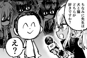 <|>_<|> 1boy 4girls animal_ears aura blue_archive cat_ears chibi chibi_only commentary_request dark_aura doodle_sensei_(blue_archive) highres holding holding_microphone interview jazz_(fukukan) kazusa_(blue_archive) microphone monochrome multiple_girls necktie no_mouth scarf school_uniform sensei_(blue_archive) serika_(blue_archive) shaded_face shinon_(blue_archive) shiroko_(blue_archive) speech_bubble star-shaped_pupils star_(symbol) symbol-shaped_pupils translated wolf_ears