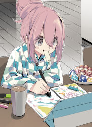 Rule 34 | 1girl, absurdres, afro (kngotezo), blue eyes, chair, checkered clothes, checkered shirt, commentary request, cup, drawing (object), eating, hair bun, highres, kagamihara nadeshiko, long hair, long sleeves, pink hair, shirt, single hair bun, snack, solo, table, upper body, yurucamp