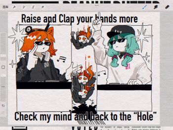 2girls a.i._voice adachi_rei alternate_costume alternate_hairstyle arm_up art_program_in_frame baseball_cap black_hat black_hoodie blue_hair commentary distortion double_finger_gun english_commentary english_text falling finger_gun hair_over_shoulder hat hatsune_miku headlamp highres hole_in_floor hood hood_down hoodie long_sleeves looking_over_eyewear low_twintails mixing_console multiple_girls multiple_views musical_note nanji_shao one_side_up orange_eyes orange_hair outside_border pointing pointing_up projected_inset radio_antenna sequential sunglasses the_hole_(utau) twintails utau vocaloid white_hoodie