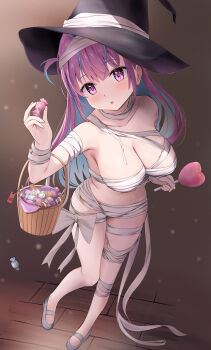 1girl absurdres aqua_hair bandaged_arm bandaged_leg bandaged_neck bandages basket black_hat breasts candy cleavage commentary_request food full_body hat highres holding holding_basket holding_candy holding_food holding_lollipop hololive large_breasts lollipop long_hair looking_at_viewer minato_aqua mochiki_927 multicolored_hair naked_bandage navel open_mouth pink_hair purple_eyes solo two-tone_hair two_side_up very_long_hair virtual_youtuber witch_hat