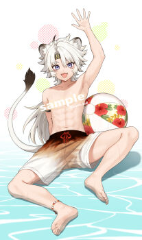 1boy animal_ears ball barefoot beachball bishounen commentary_request english_text feet full_body hand_up highres iroiro_0w0 legs lingyang_(wuthering_waves) lion_boy lion_tail looking_at_viewer male_focus male_swimwear navel open_mouth shorts simple_background soles solo tail toenails toes topless_male white_hair wuthering_waves