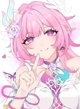 1girl bare_shoulders breasts commentary cyrene_(honkai:_star_rail) cyrene_(ripples_of_past_reverie)_(honkai:_star_rail) diamond-shaped_pupils diamond_(shape) dress earrings flower hair_flower hair_ornament highres honkai:_star_rail honkai_(series) iil_00 jewelry large_breasts long_hair multicolored_hair pink_hair pointy_ears purple_eyes simple_background smile solo symbol-only_commentary symbol-shaped_pupils two-tone_hair upper_body very_long_hair white_background white_dress white_hair