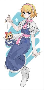 Rule 34 | 1girl, alice margatroid, blonde hair, blue dress, blue eyes, butterfly wings, capelet, commentary request, doll, dress, expressionless, frilled hairband, frilled ribbon, frills, full body, goliath doll, hairband, highres, insect wings, looking at viewer, o (crazyoton46), pink hairband, ribbon, short hair, solo, touhou, white capelet, wings