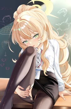 1girl :p absurdres black_panties black_skirt blonde_hair blue_archive brown_pantyhose buttons cameltoe chalkboard closed_mouth collared_shirt crossed_bangs doodle_sensei_(blue_archive) dress_shirt fingernails green_eyes hair_between_eyes half-closed_eyes halo hand_on_own_thigh highres id_card indoors knee_up lanyard light_blush loli long_hair long_sleeves looking_at_viewer niiya no_shoes panties panties_under_pantyhose pantyhose pencil_skirt ponytail professor_niyaniya_(blue_archive) sensei_(blue_archive) shirt shirt_tucked_in sitting sitting_on_table skirt sleeves_rolled_up smile solo table thighband_pantyhose thighs tongue tongue_out torn_clothes torn_pantyhose underwear v-shaped_eyebrows very_long_hair wavy_hair white_shirt wooden_table yellow_halo