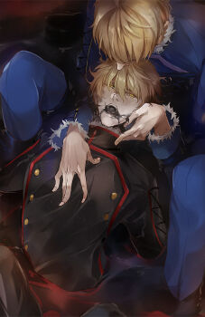 2boys ahoge arthur_pendragon_(fate) arthur_pendragon_alter_(fate) black_pants black_shirt blonde_hair blue_pants blue_shirt buttons dual_persona fate/grand_order fate_(series) fingernails fur-trimmed_shirt fur-trimmed_sleeves fur_trim hair_between_eyes hand_on_another's_chest hand_on_another's_face liquid long_sleeves looking_at_another looking_up lying male_focus multiple_boys on_back open_mouth pants pvc_parfait selfcest shirt short_hair sitting teeth tongue wide_sleeves yaoi yellow_eyes