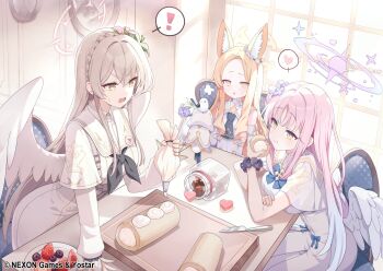 Rule 34 | !, 3girls, animal ears, blonde hair, blue archive, brown hair, commentary request, dress, feathered wings, halo, heart, highres, indoors, long sleeves, looking at another, mika (blue archive), misyune, multiple girls, nagisa (blue archive), official art, open mouth, pink hair, school uniform, scrunchie, seia (blue archive), sitting, spoken exclamation mark, spoken heart, standing, tea party (blue archive), white dress, white wings, wings, wrist scrunchie