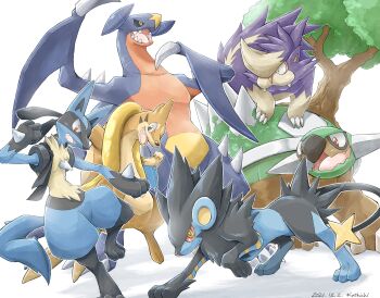 black_sclera claws colored_sclera commentary_request dated fangs fangs_out floatzel garchomp gen_4_pokemon highres katkichi leg_up lucario luxray nintendo open_mouth pokemon pokemon_(creature) red_eyes sharp_teeth signature skuntank standing standing_on_one_leg teeth toes tongue torterra yellow_eyes
