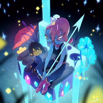 1girl 1other androgynous black_tank_top blue_skin brown_hair closed_eyes colored_sclera colored_skin colored_teeth commentary_request energy_spear eyepatch fins fish_girl frisk_(undertale) from_above full_body gem glowing grin head_fins highres holding holding_polearm holding_weapon long_sleeves monster_girl mushroom noah_(tettsui-sole) polearm ponytail red_hair sharp_teeth short_hair sitting smile sparkle spear striped_clothes striped_sweater sweater tank_top teeth umbrella undertale undyne utdr_(toby_fox) water weapon yellow_sclera yellow_skin yellow_teeth