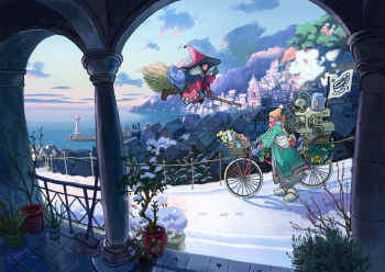 2girls beanie bicycle bilingual_commentary black_hair blue_sky boots broom broom_riding brown_boots brown_hair city cloud coat column commentary day english_commentary flag footprints green_coat hat highres lighthouse long_sleeves machine mittens mixed-language_commentary multicolored_scarf multiple_girls original outdoors pillar plant pom_pom_(clothes) pom_pom_beanie potted_plant pushing_bicycle scarf scenery shadow shore sky slice_of_life snow standing striped_mittens winter winter_clothes witch_hat yomunashi