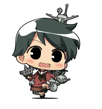 1girl black_hair black_neckerchief brown_sailor_collar brown_serafuku brown_shirt brown_shorts chibi full_body kantai_collection machinery mogami_(kancolle) neckerchief running sailor_collar school_uniform serafuku shirt short_hair shorts simple_background solo white_background yagumo_kengou