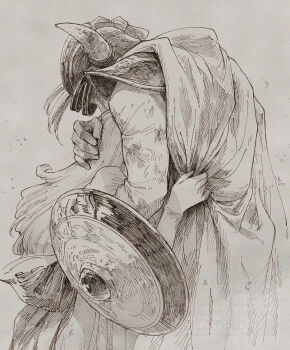 Rule 34 | 1boy, 1girl, armor, back ribbon, battle damage, blood, blood on face, bodysuit, cape, closed eyes, commentary request, cowboy shot, debris, dragon quest, dragon quest i, dress, fake horns, from side, gloves, greyscale, hand on another's head, height difference, helmet, hero (dq1), highres, holding, holding shield, horned helmet, horns, hug, long hair, monochrome, princess laura, profile, shield, shoulder armor, traditional media, yuza