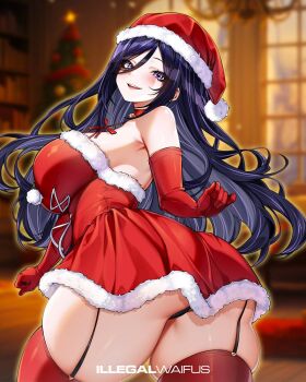 1girl arm_up armpits artist_name bare_shoulders bell black_hair black_panties blurry blurry_background blush breasts christmas christmas_background christmas_ornaments christmas_stocking commentary dress english_commentary eyelashes gloves hair_ornament hat heart heart-shaped_pupils highres illegalwaifus jingle_bell large_breasts long_hair looking_at_viewer looking_back merry_christmas multicolored_eyes multicolored_hair neck_bell open_mouth original panties purple_hair raised_eyebrows red_dress red_gloves red_ribbon red_thighhighs ribbon santa_costume santa_dress santa_hat self-upload shiny_skin solo symbol-shaped_pupils teeth thick_thighs thigh_strap thighhighs thighs tongue underwear very_long_hair watermark white_fur