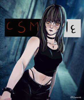 1girl absurdres black_choker black_hair black_panties black_pants black_tank_top chainsaw_man choker closed_mouth cross cross_necklace facial_scar highres jewelry l1amanade long_hair looking_at_viewer navel necklace panties pants rawtime ringed_eyes scar scar_on_cheek scar_on_face snakebite_(piercing) solo tank_top underwear yellow_eyes yoru_(chainsaw_man)