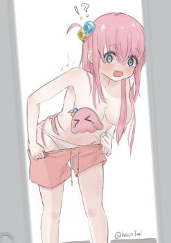 !? &gt;_&lt; 1girl absurdres blue_eyes blush bocchi_the_rock! breasts censored character_censor clothes_pull collarbone commentary_request cube_hair_ornament feet_out_of_frame gotoh_hitori gotoh_hitori_(octopus) haco_(user_usmg5523) hair_between_eyes hair_censor hair_ornament hair_over_breasts hair_over_shoulder highres large_breasts leaning_forward long_bangs long_hair looking_at_viewer motion_lines novelty_censor open_mouth panties pink_hair pink_shorts short_shorts shorts shorts_pull sketch solo standing topless_female twitter_username underwear undressing white_panties