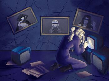 2girls 3boys ahoge archetype_earth arcueid_brunestud bar_censor black_hair blonde_hair book braid braided_ponytail cape censored ciel_(tsukihime) collared_shirt cross cross_necklace dark_persona dual_persona fur_cape glasses hair_over_one_eye highres jewelry kneeling long_hair loveedgylords michael_roa_valdamjong michael_roa_valdamjong_(human) multiple_boys multiple_girls naked_cape necklace open_book paper picture_frame ponytail priest roa-ciel shirt short_hair sleeve_cuffs static tarantella_(fate) television tsukihime very_long_hair watching_television white_shirt