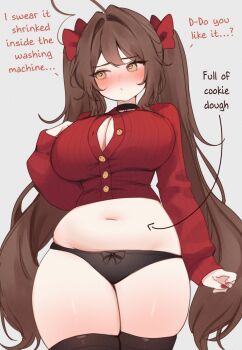 1girl black_choker black_panties black_thighhighs blush bow breasts brown_eyes brown_hair button_gap choker cleavage commentary english_commentary heart heart-shaped_pupils highres indie_virtual_youtuber long_hair panties partially_unbuttoned plump red_bow red_nails red_sweater skindentation sky_above_me sky_above_me_(vtuber) sweater symbol-shaped_pupils thighhighs twintails underwear virtual_youtuber