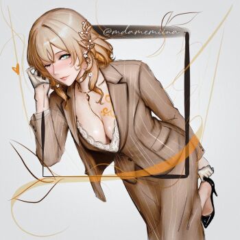 1girl adjusting_footwear aglaea_(fashion)_(honkai:_star_rail) aglaea_(honkai:_star_rail) blonde_hair breast_tattoo breasts brown_skirt brown_vest cleavage commentary english_commentary gloves gold_tattoo green_eyes high_heels honkai:_star_rail honkai_(series) large_breasts laurel_crown mdamemiina official_alternate_costume one_eye_closed short_hair simple_background skirt solo tattoo thread twitter_username vest white_background white_gloves