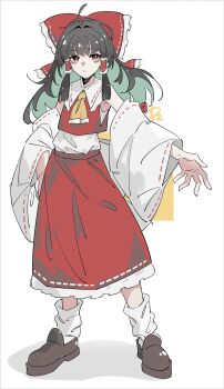 1girl ascot bow brown_eyes brown_hair brown_shoes closed_mouth colored_inner_hair commentary detached_sleeves frilled_bow frilled_hair_tubes frills full_body green_hair hair_bow hair_ribbon hair_tubes hakurei_reimu highres long_hair long_skirt looking_at_viewer multicolored_hair o_(crazyoton46) outstretched_arm red_bow red_shirt red_skirt ribbon ribbon-trimmed_skirt ribbon-trimmed_sleeves ribbon_trim shirt shoes skirt skirt_set sleeveless sleeveless_shirt socks solo standing touhou undershirt white_sleeves white_socks wide_sleeves yellow_ascot