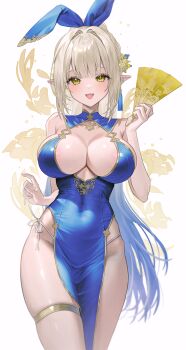 1girl armpit_crease bare_arms bare_shoulders blonde_hair blue_dress blue_hair breasts china_dress chinese_clothes cleavage colored_inner_hair commentary_request commission covered_navel cowboy_shot dress elf fymrie gold_trim gradient_hair hair_ornament hair_ribbon hand_fan highres holding jewelry korean_commentary large_breasts long_hair looking_at_viewer multicolored_hair no_bra open_mouth original panties pelvic_curtain pointy_ears ponytail revision ribbon side-tie_panties side-tie_peek skindentation sleeveless sleeveless_dress smile solo spaghetti_strap standing strap_pull string_panties thighlet thighs two-tone_hair underwear very_long_hair yellow_eyes