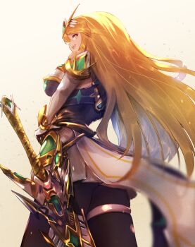 1girl aegis_sword_(xenoblade) bare_shoulders black_pantyhose blonde_hair breasts dress earrings elbow_gloves floating_earrings from_below gloves hand_on_own_hip jewelry large_breasts long_hair microdress mythra_(massive_melee)_(xenoblade) mythra_(xenoblade) neon_trim pantyhose solo swept_bangs thigh_strap tiara usapenpen2019 very_long_hair weapon white_dress white_gloves xenoblade_chronicles_(series) xenoblade_chronicles_2 yellow_eyes
