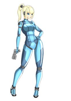 1girl absurdres android blonde_hair blue_eyes breasts doll_joints gun hand_on_own_hip handgun high_heels highres humanoid_robot joints mechanical_arms mechanical_legs mechanization metroid nintendo open_mouth pistol robot robot_joints samus_aran simple_background stiletto_heels thurosis weapon