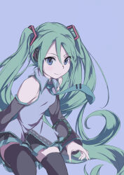 Rule 34 | 1girl, black skirt, black thighhighs, blue background, blue eyes, blue necktie, closed mouth, collared shirt, commentary request, detached sleeves, eyelashes, geregere (lantern), green hair, green nails, grey shirt, hair between eyes, hatsune miku, long hair, nail polish, necktie, pleated skirt, shirt, skirt, smile, solo, thighhighs, tie clip, twintails, very long hair, vocaloid