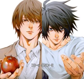 2boys apple bags_under_eyes black_eyes black_hair brown_eyes brown_hair brown_jacket closed_mouth collared_shirt commentary_request copyright_logo death_note fingernails food fruit giving_food highres holding holding_food holding_fruit jacket l_(death_note) lips logo male_focus multiple_boys nose ruttika_shin shirt short_hair simple_background thai_commentary white_background white_shirt yagami_light