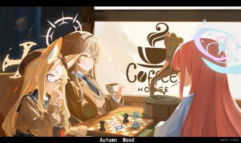 3girls absurdres black_border blonde_hair blue_archive board_game border bottle brown_shirt cafe chess chinese_commentary coffee_mug cup english_text glasses guanhuvu halo highres mika_(blue_archive) mug multiple_girls nagisa_(blue_archive) phonograph pink_hair pink_halo poker school_uniform seia_(blue_archive) shirt soda_bottle table tea_party_(blue_archive) window yellow_eyes yellow_halo