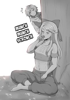 1boy 1girl abs absurdres bare_arms barefoot bow braid breasts clanne_(fire_emblem) closed_eyes commission crop_top eating etie_(fire_emblem) evomanaphy fire_emblem fire_emblem_engage food hair_bow highres holding holding_food indian_style long_hair monochrome muscular muscular_female navel nintendo peeking_out pickle second-party_source short_sleeves sitting small_breasts solo_focus sound_effects stomach surprised