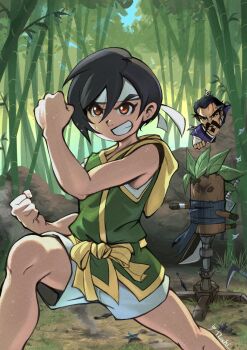 1boy 1girl aged_down artist_name bamboo bamboo_forest black_hair brown_eyes child clenched_hands clenched_teeth crisis_core:_final_fantasy_vii facial_hair father_and_daughter feet_out_of_frame final_fantasy final_fantasy_vii forest furrowed_brow godo_kisaragi green_shirt grin hair_between_eyes highres hood hood_down hooded_shirt japanese_clothes looking_at_another mochi_mangaka mustache nature official_alternate_costume shirt short_hair shorts shuriken_hair_ornament smile sweat teeth white_shorts yellow_trim yuffie_kisaragi