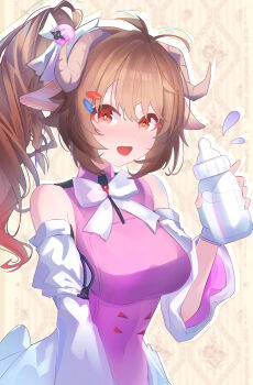 Rule 34 | 1girl, :d, absurdres, animal ears, ardelia (arknights), arknights, arknights: endfield, baby bottle, bare shoulders, bottle, bow, bowtie, breasts, bright pupils, brown background, brown hair, chinese commentary, commentary request, curled horns, detached sleeves, drop shadow, eyjafjalla (arknights), grey horns, hair bow, hair ornament, hairclip, highres, holding, horns, long hair, long sleeves, looking at viewer, medium breasts, open mouth, red eyes, sheep ears, sheep girl, sheep horns, smile, solo, upper body, white bow, white bowtie, white pupils, white sleeves, yiqi