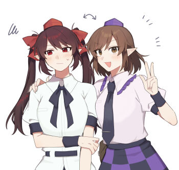 Rule 34 | 2girls, alternate hairstyle, black necktie, brown eyes, brown hair, commentary request, cosplay, costume switch, hairstyle switch, hat, highres, himekaidou hatate, looking at viewer, multiple girls, necktie, pointy ears, red eyes, sakic43899, shameimaru aya, shirt, tokin hat, tomboy, touhou, twintails, white background, white shirt